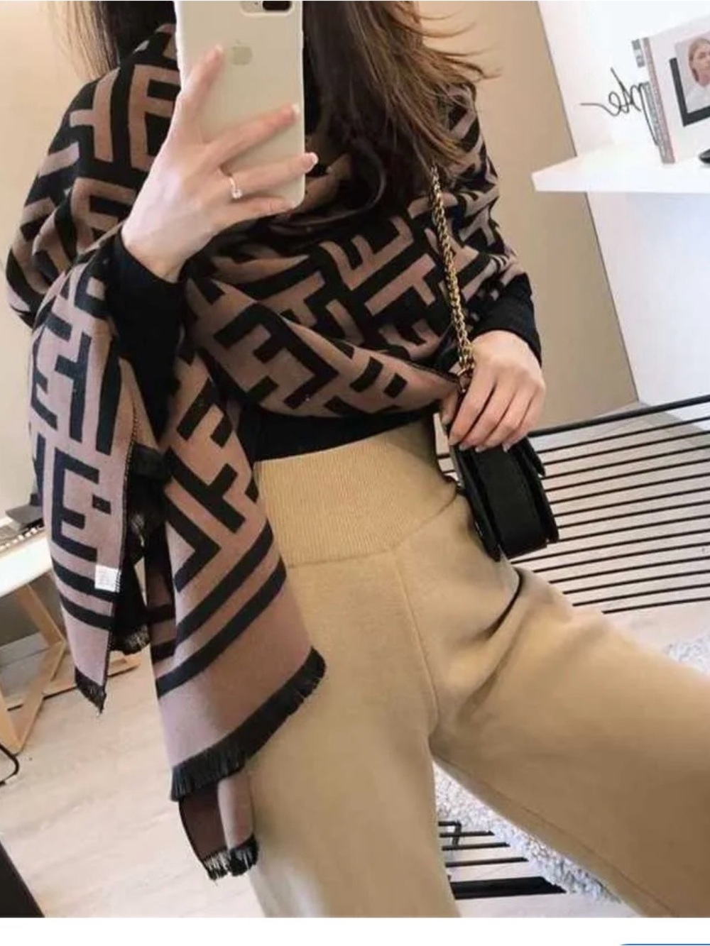 Luxury Black & Brown Logo Shawl Scarf - Women Accessories